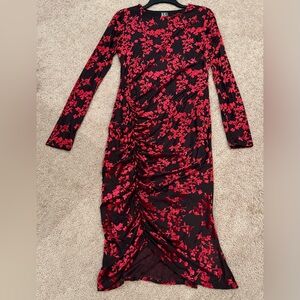 Worthington Black And Red Velvet BurnOut Dress W/Ruching And Long Sleeves NWT